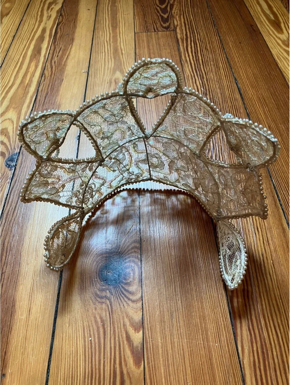 Vintage 1940/50s Pearl Lace Bridal Crown Headpiece Wired Juliet Cap Tiara Ivory